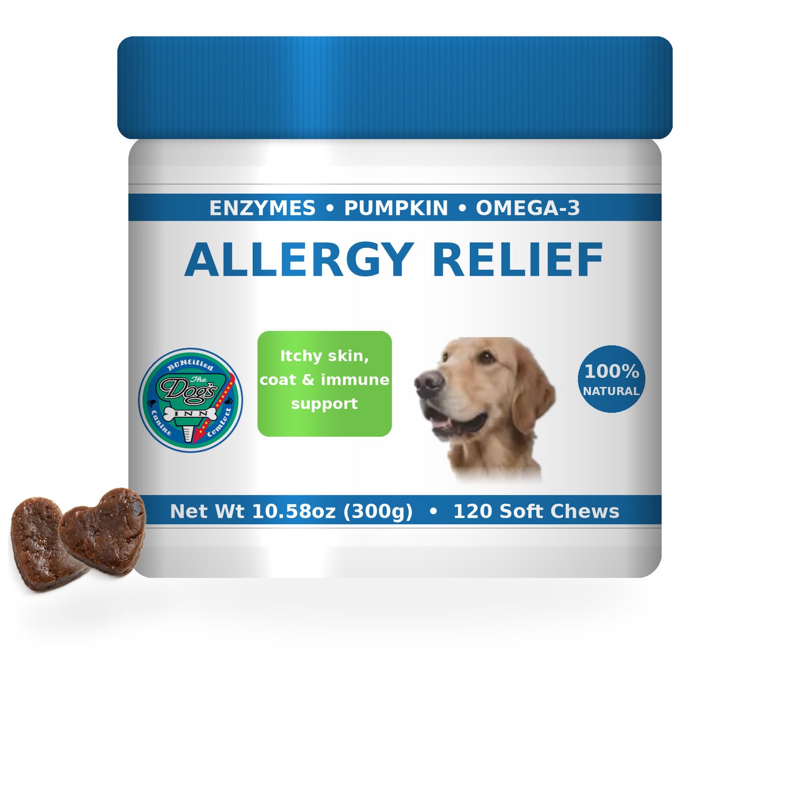 The Dogs Inn Allergy Relief 120 soft chews jar with heart-shaped chews