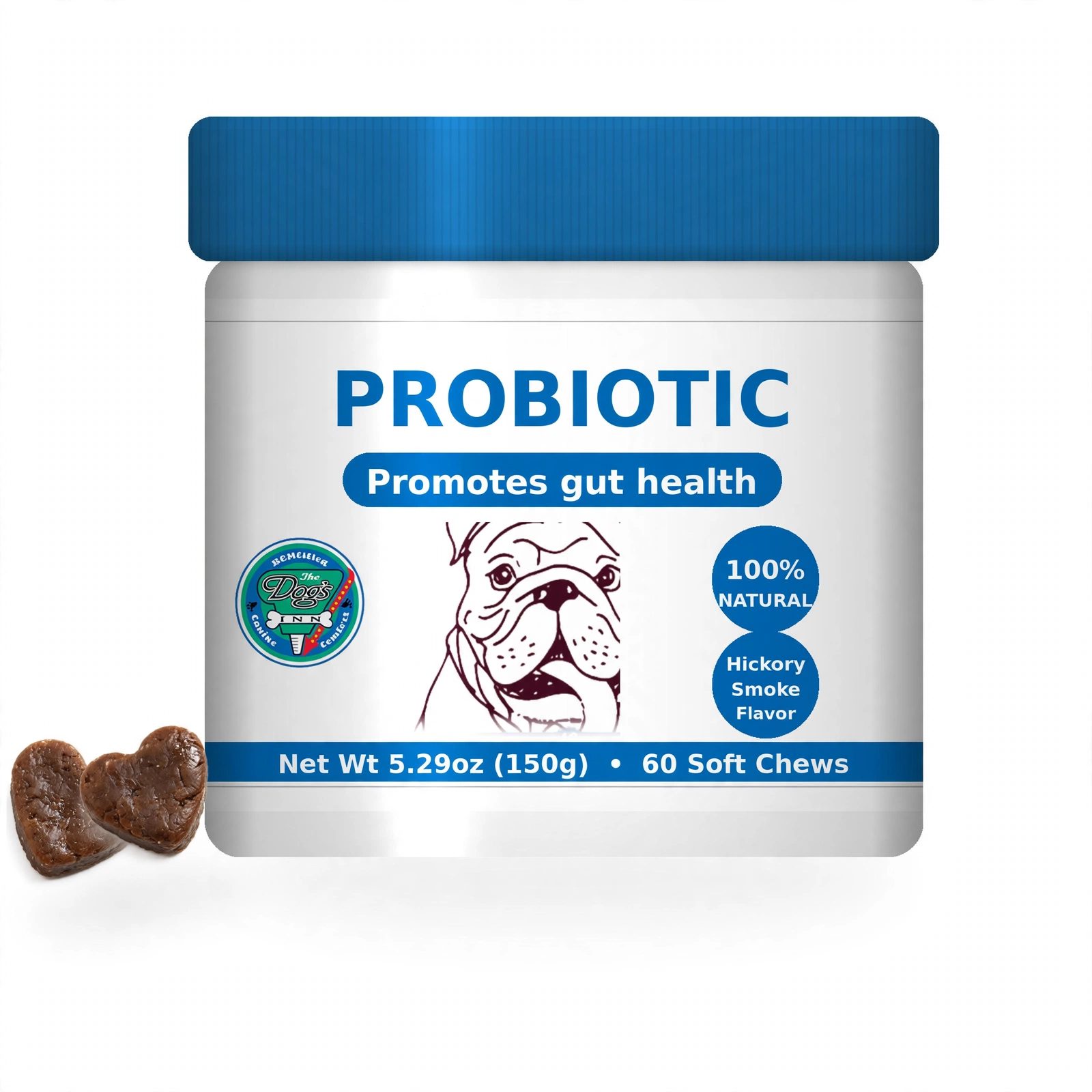 The Dogs Inn Probiotic 60 soft chews jar with heart-shaped chews